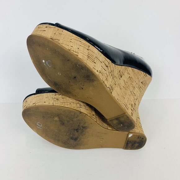 Steve Madden P Medow Patent Cork Wedge Heels Black Peep Toe Size 8 - Picture 9 of 10
